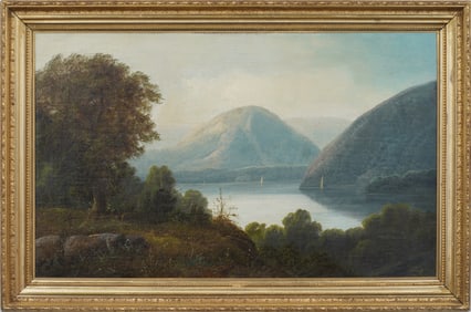 Large Antique American Hudson River School Panoramic Framed Landscape Oil Painting