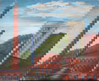 Antique American Precisionist Industrial Modernist Factory Landscape Oil Painting