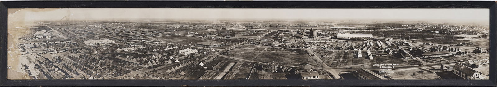 "Aerial View of Camp Travis, Texas 1918" Antique American Panoramic Framed Photograph: Antique photograph. Measuring: 10 by 61 inches overall, and 8 by 59 painting alone. Please see all images for condition. Size is measured and written on the back of the painting or next to each object
