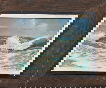 Vintage American Impressionist Long Island Seascape Crashing Surf Seascape Oil Painting