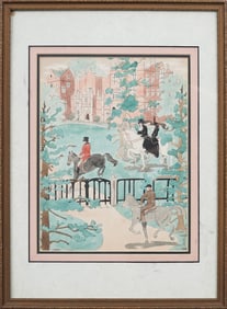 Vintage American Impressionist Steeple Chase Equestrian Scene Framed Horse Portrait Painting