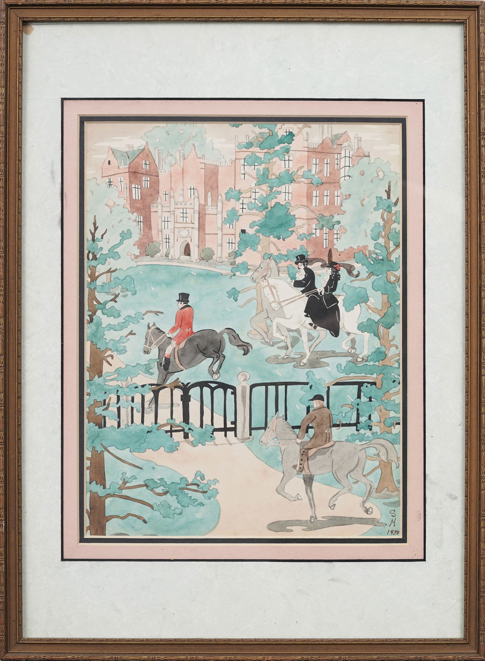 Vintage American Impressionist Steeple Chase Equestrian Scene Framed Horse Portrait Painting (1 of 8)