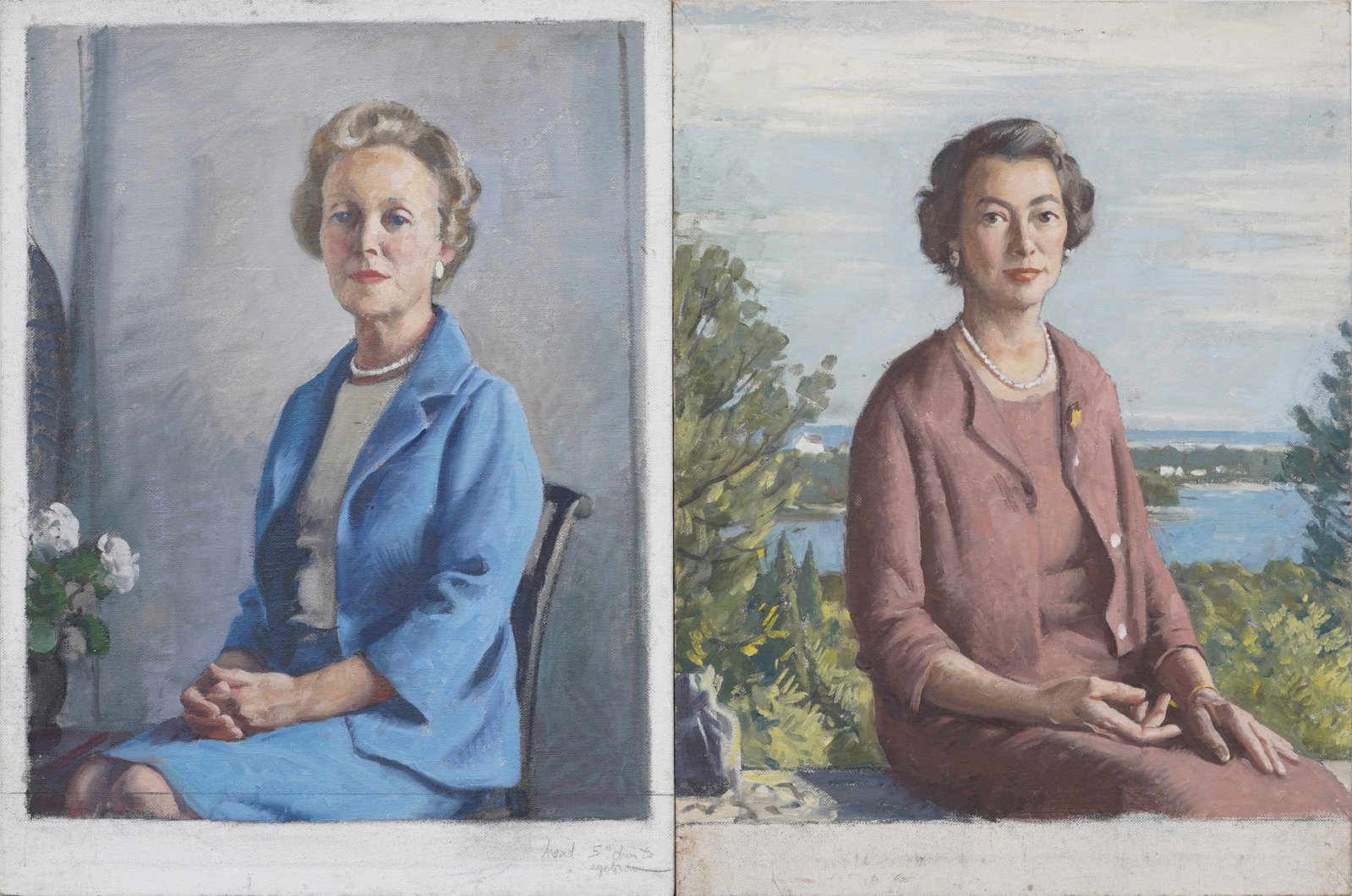 Vintage American Impressionist Society Portraits Pair of Oil Paintings: Vintage American oil paintings. Measuring: 16 by 12 inches overall, each. Please see all images for condition. Size is measured and written on the back of the painting or next to each object. The firs