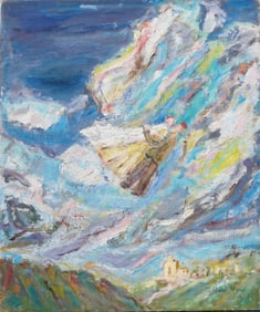 Vintage American or European Modernist Surreal Seascape Figural Signed Oil Painting