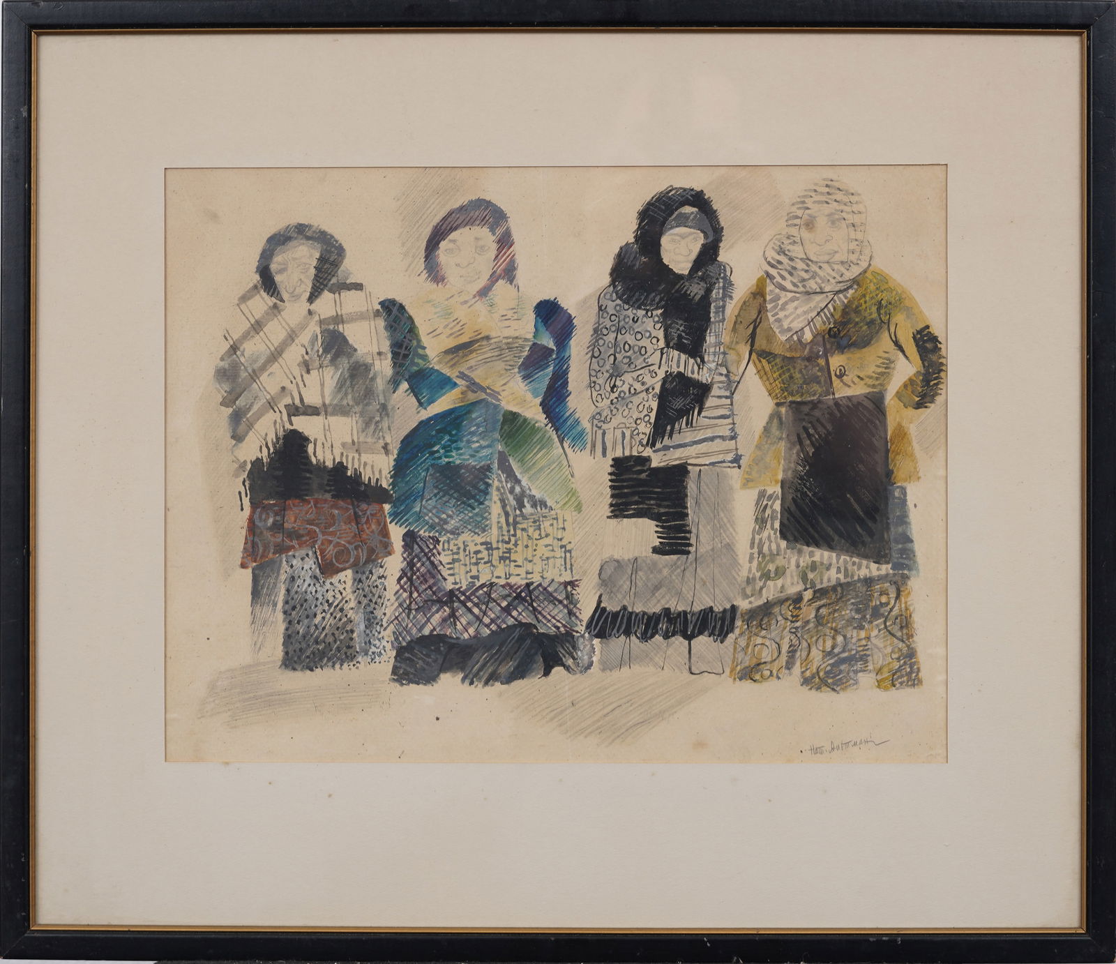 Vintage Eastern European Street Scene Women Walking Signed Landscape Framed Painting: Vintage Eastern European street scene painting. Watercolor on paper. Signed. Measuring: 21 by 25 inches overall, and 13 by 17 painting alone. Please see all images for condition. Size is measured and