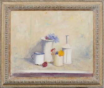 Vintage American European Impressionist Flower Still Life Interior Scene Framed Signed Oil Painting