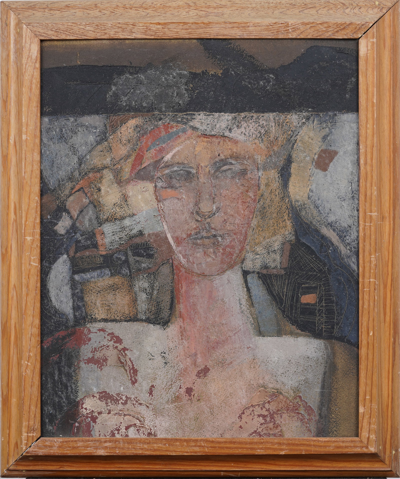 Rosalinda Albuerne Vintage Spanish Modernist Woman Portrait Framed Oil Painting: Vintage Spanish portrait oil painting. Oil and mixed media on board. Framed. Measuring: 24 by 20 inches overall, and 19.5 by 15.5 painting alone. Please see all images for condition. Size is measured 