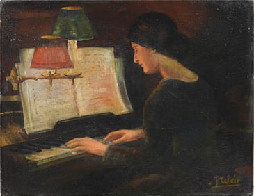 Signed "J. Weir" Vintage American Impressionist Interior Scene Piano Playing Portrait Oil Painting
