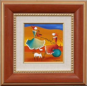 Vintage American or European Modernist Figural Landscape Framed Signed  Oil Painting