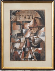 Vintage American Signed Cubist Street Scene Abstract Modernist Mixed Media Painting