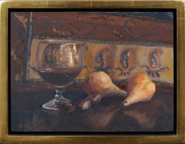 Vintage American Modernist Signed Wine and Pears Still Life Framed Oil Painting