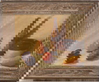 Signed 1957 Mid Century Modern Fruit and Wine Kitchen Still Life Nicely Framed Oil Painting