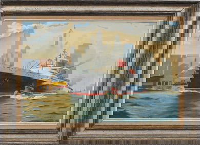 Vintage American Modernist Signed New York City Harbor Cityscape Ship Portrait Oil Painting