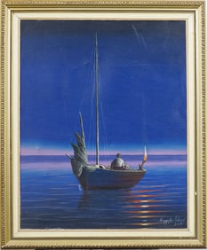 Vintage Signed Nocturnal Impressionist Seascape Framed Oil Paiinting