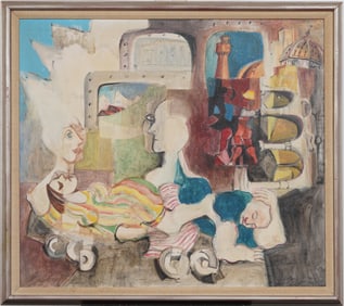 Large Vintage American Modernist Cubist Surreal Framed Abstract Figural Oil Painting