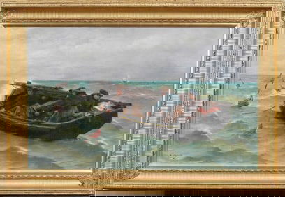 Georges Haquette (1854 - 1906) Antique French Impressionist Framed Large Seascape Oil Painting