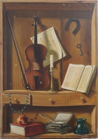 Large Vintage American Modernist Trompe L"Oeil Realist Still Life Signed Dated Oil Painting