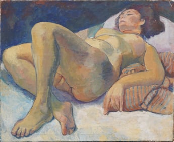 Large Vintage American Modernist Nude Woman Portrait Oil Painting