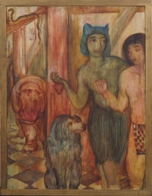 LArge Vintage American Surreal Modernist Egyptian Interior View Signed Framed Oil Painting