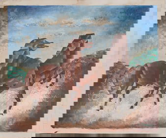 Vintage Signed American or European Modernist Cubist Horse Portrait Oil Painting