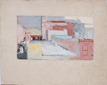 Vintage American Modernist Abstract Architectural Street Scene Oil Painting