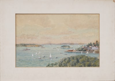 Finely Painted American Impressionist Coastal Harbor View Sailboat Seascape Painting