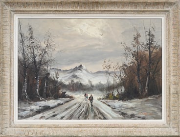 Vintage European Impressionist Winter Landscape Signed Framed Oil Painting