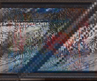 Len Restivo Signed Vintage American Modernist Winter Landscape Framed Oil Painting