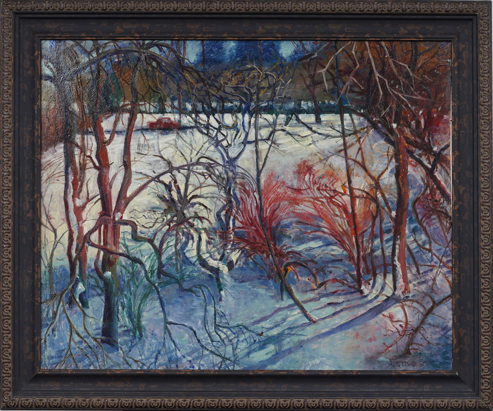 Len Restivo Signed Vintage American Modernist Winter Landscape Framed Oil Painting (1 of 9)
