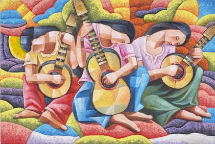 Large Vintage Latin American Modernist Guitar Playing Women Portrait Oil Painting