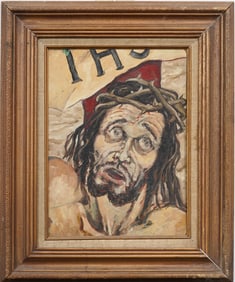Vintage American Modernist Religious Passion of the Christ Pop Art Crucifixion Oil Painting