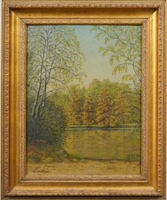 Vintage Mid-Century American or European Pastoral Lake Waterscape Signed Oil Painting