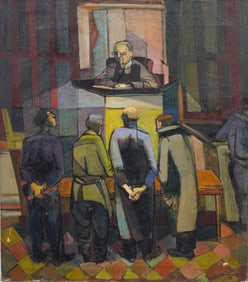 American Mid-Century Figurative Cubist Courtroom Lawyers Judgement Signed Oil Painting