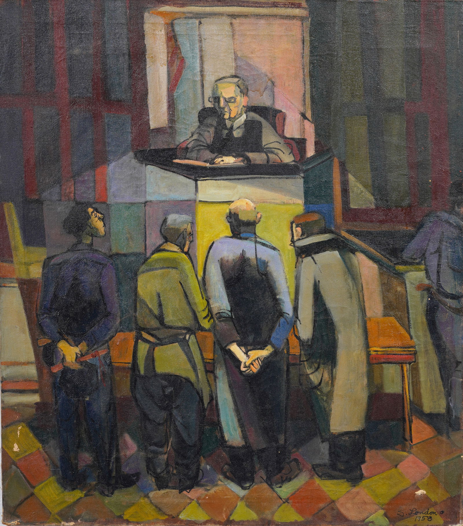 American Mid-Century Figurative Cubist Courtroom Lawyers Judgement Signed Oil Painting (1 of 7)