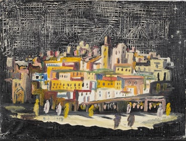 Vintage Mid-Century Signed Abstract Urban Middle Eastern Landscape Oil Painting