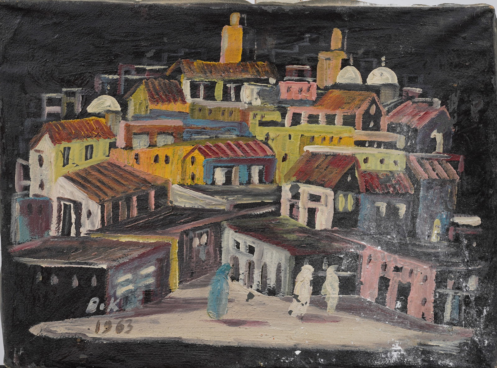 Vintage Mid-Century Signed Abstract Urban Middle Eastern Landscape Oil Painting (1 of 5)