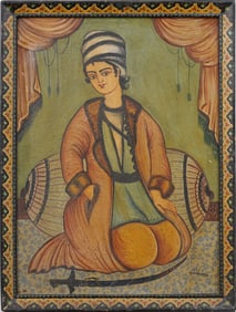 Beautifully Framed Vintage or Antique Persian Iranian Qajar Folk Art Portrait Signed Oil Painting