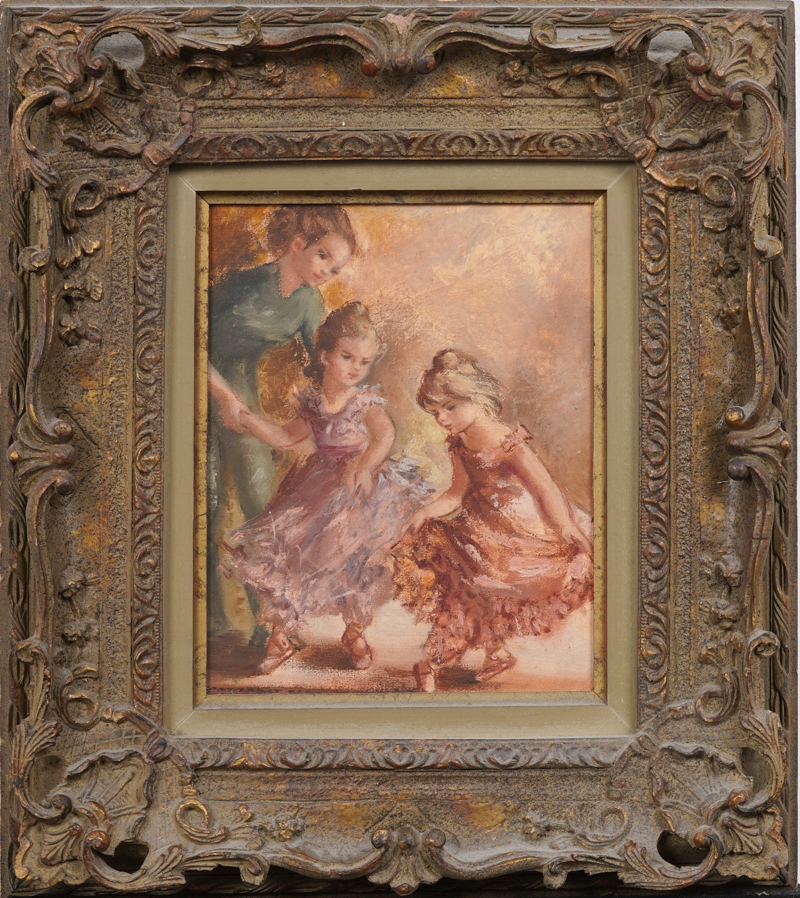 Vintage American Impressionist Mother and Daughters Ballet Recital Framed Oil Painting: Vintage American oil painting. Oil on canvas. Framed. Measuring: 18 by 16 inches overall, and 10 by 8 painting alone. Please see all images for condition. Size is measured and written on the back of t