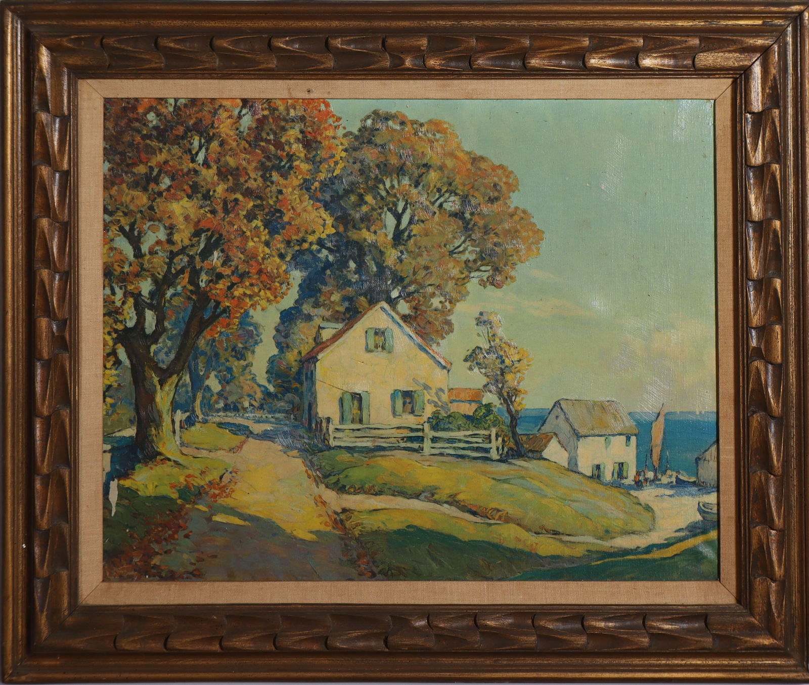 Vintage American Impressionist Coastal Framed Seascape Fall Harbor View Oil Painting