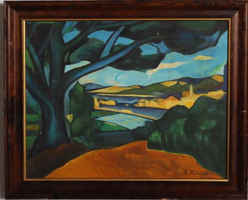 Vintage American School Signed Framed Modernist Cubist Landscape  Oil Painting