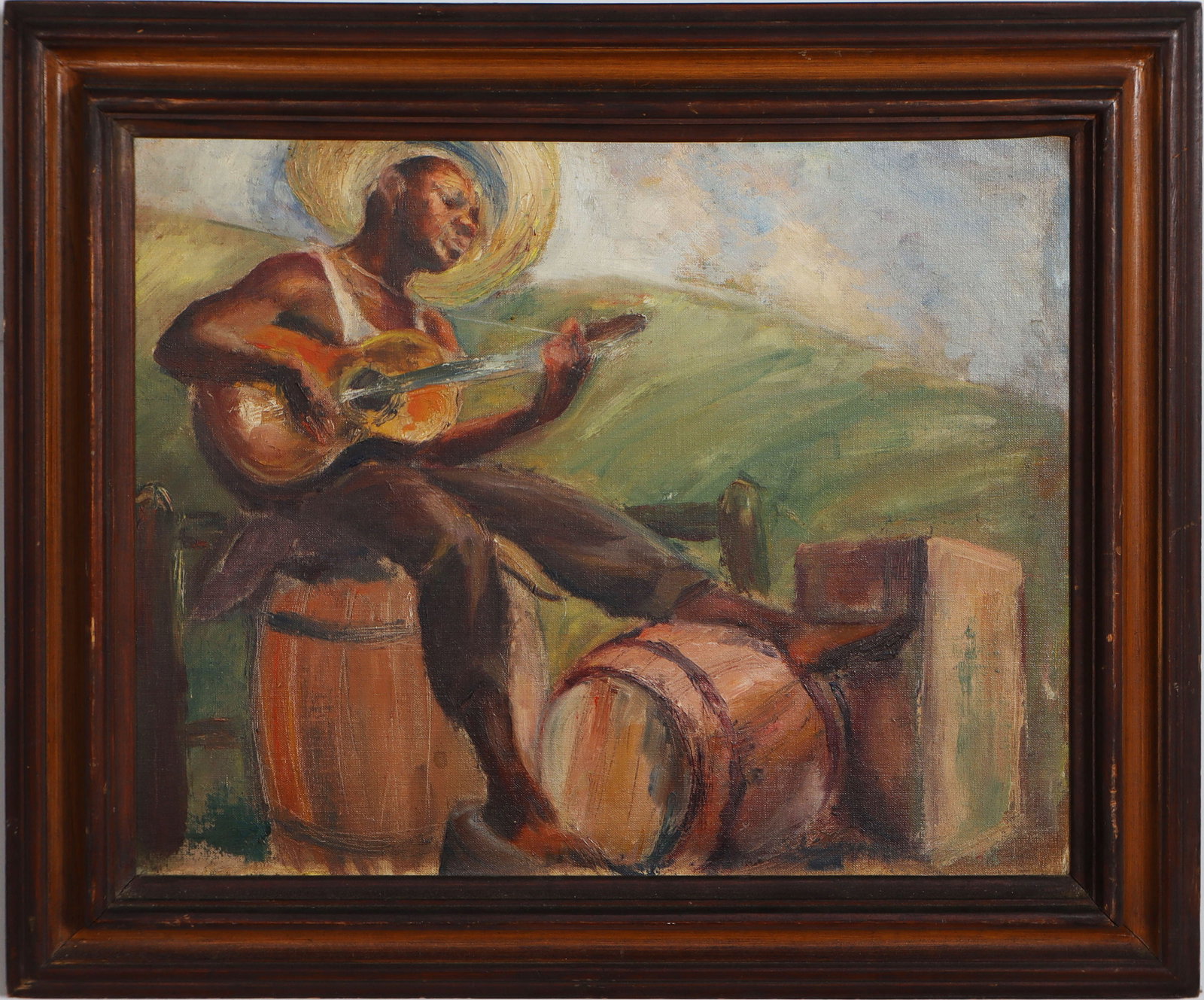 Vintage American Southern School Black Male Portrait Guitar Musician Portrait Signed Savage Painting (1 of 6)