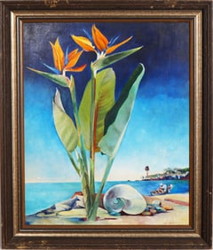 Vintage American School Signed Bird of Paradise Tropical Flower Still Life Beach Scene Oil Painting