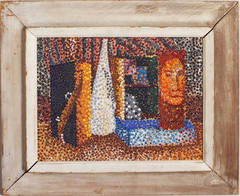 Vintage American or European Modernist Framed Still Life Pointillist Thick Impasto Oil Painting