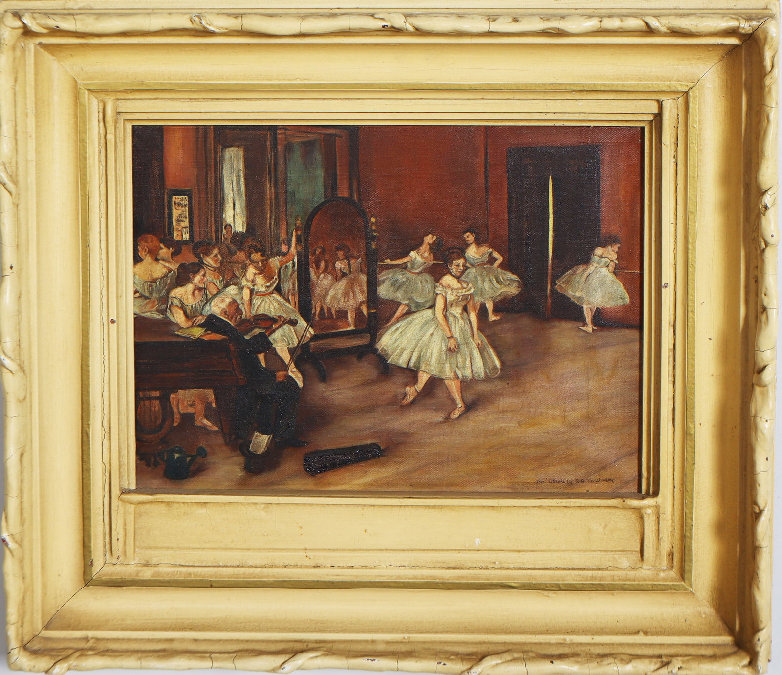 Antique French Impressionist Ballerina Studio Interior Scene Nicely Framed Oil Painting: Antique French ballerina studio oil painting. Oil on canvas. Signed. Framed. Measuring: 17 by 19 inches overall, and 10 by 13 painting alone. Please see all images for condition. Size is measured and