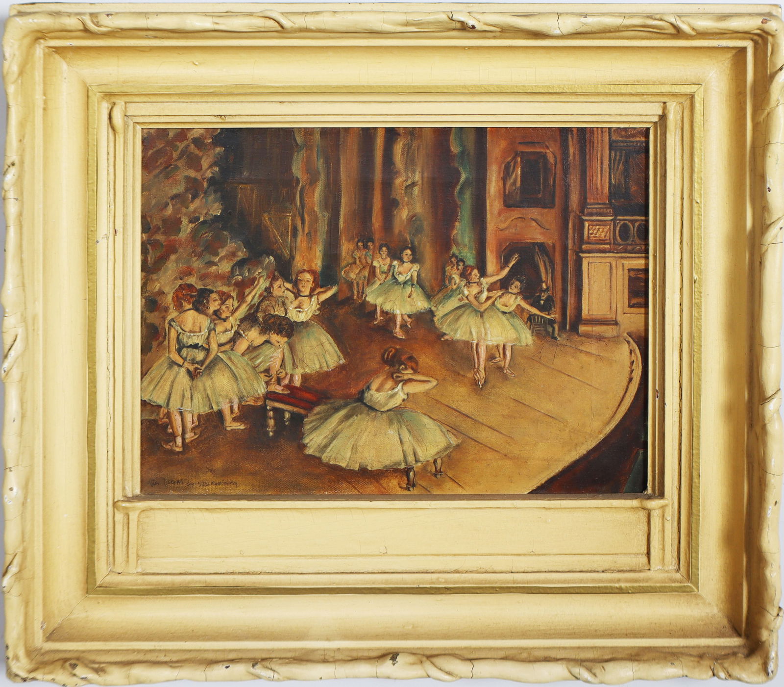 Antique French Impressionist Ballerina Studio Interior Scene Nicely Framed Oil Painting: Antique French ballerina studio oil painting. Oil on canvas. Framed. Signed. Measuring: 17 by 19 inches overall, and 10 by 13 painting alone. Please see all images for condition. Size is measured and