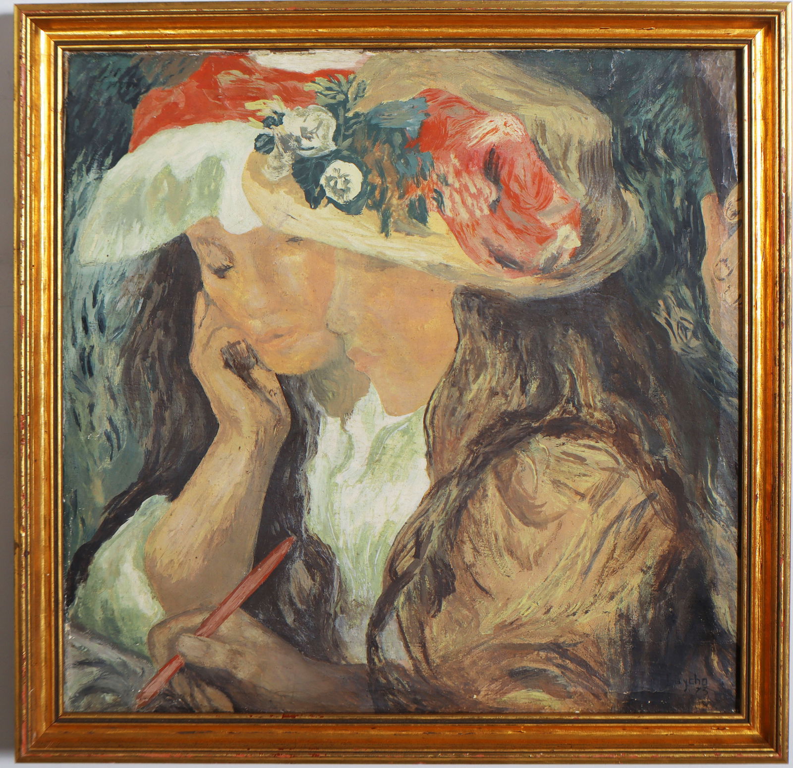 Vintage French Impressionist Signed Woman Artist Self Portrait Framed Oil Painting (1 of 6)