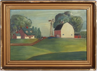 Vintage American Folk Art Modernist Regional Farm Landscape Signed Oil Painting