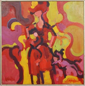 Vintage American School Exhibited Signed Modernist Abstract Woman Portrait Framed Oil Painting