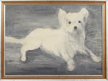 Vintage American Impressionist Shaggy Dog Portrait Framed Animal Oil Painting