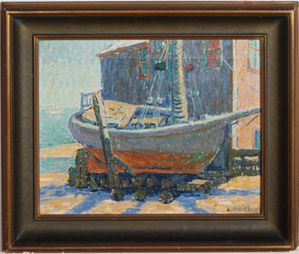 August Burklund (1879-1927) Antique California Pointillist Harbor Dock Scene American Oil Painting